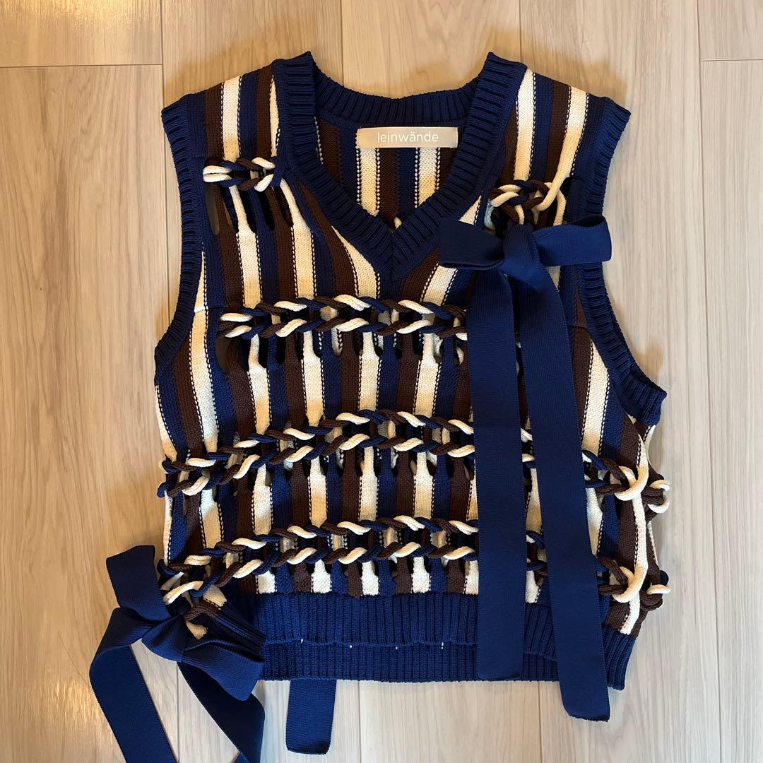トップス leinwand Braids Stripe Knitted Vest Navy