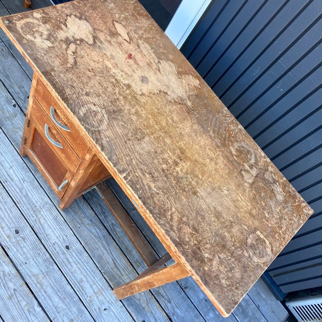 昭和レトロ 古家具 木製 片袖 書斎机 勉強机 文机 古道具 ヴィンテージ