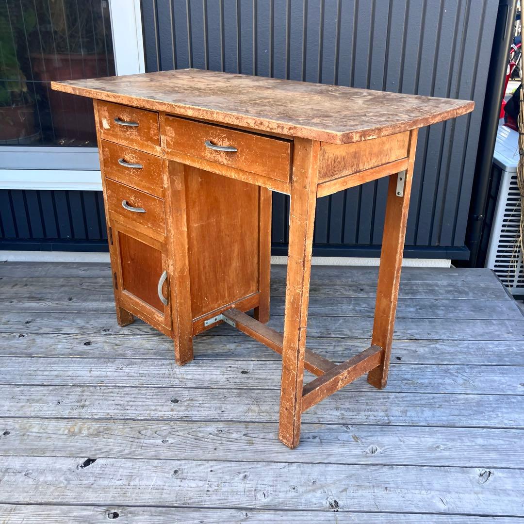 昭和レトロ 古家具 木製 片袖 書斎机 勉強机 文机 古道具 ヴィンテージ