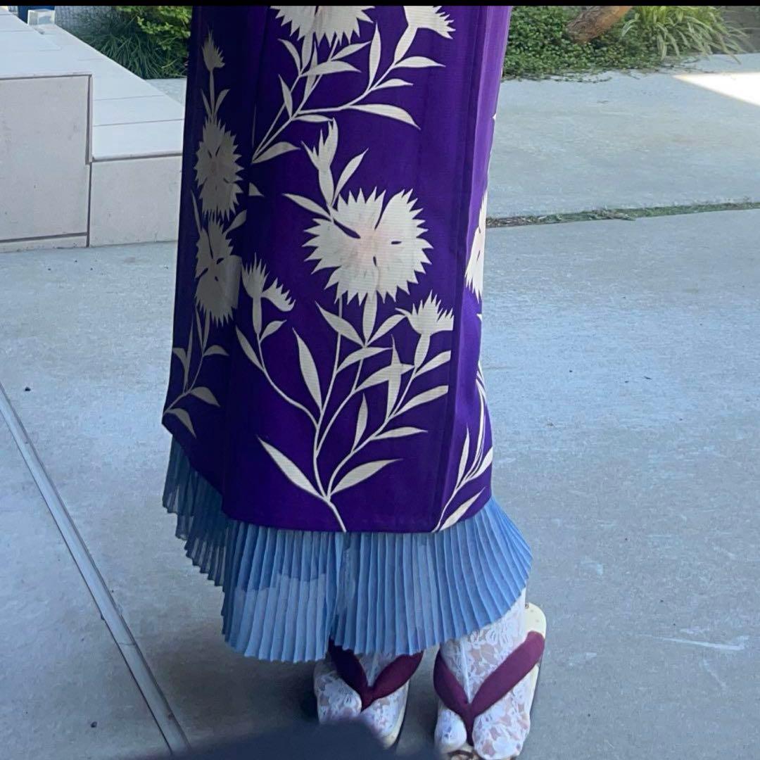 プリーツ裾除け　着物　ラメパープルとペチコートラメブルー