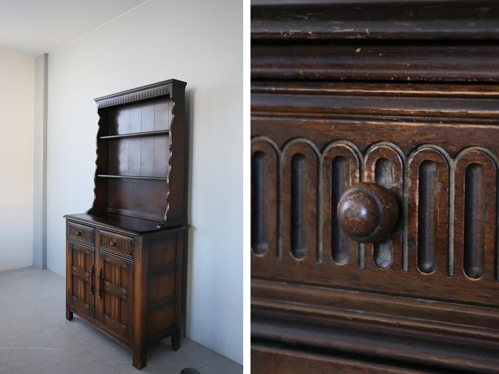 英国アンティーク木製キッチンキャビネット/食器棚/飾り棚サイドボード(91-17