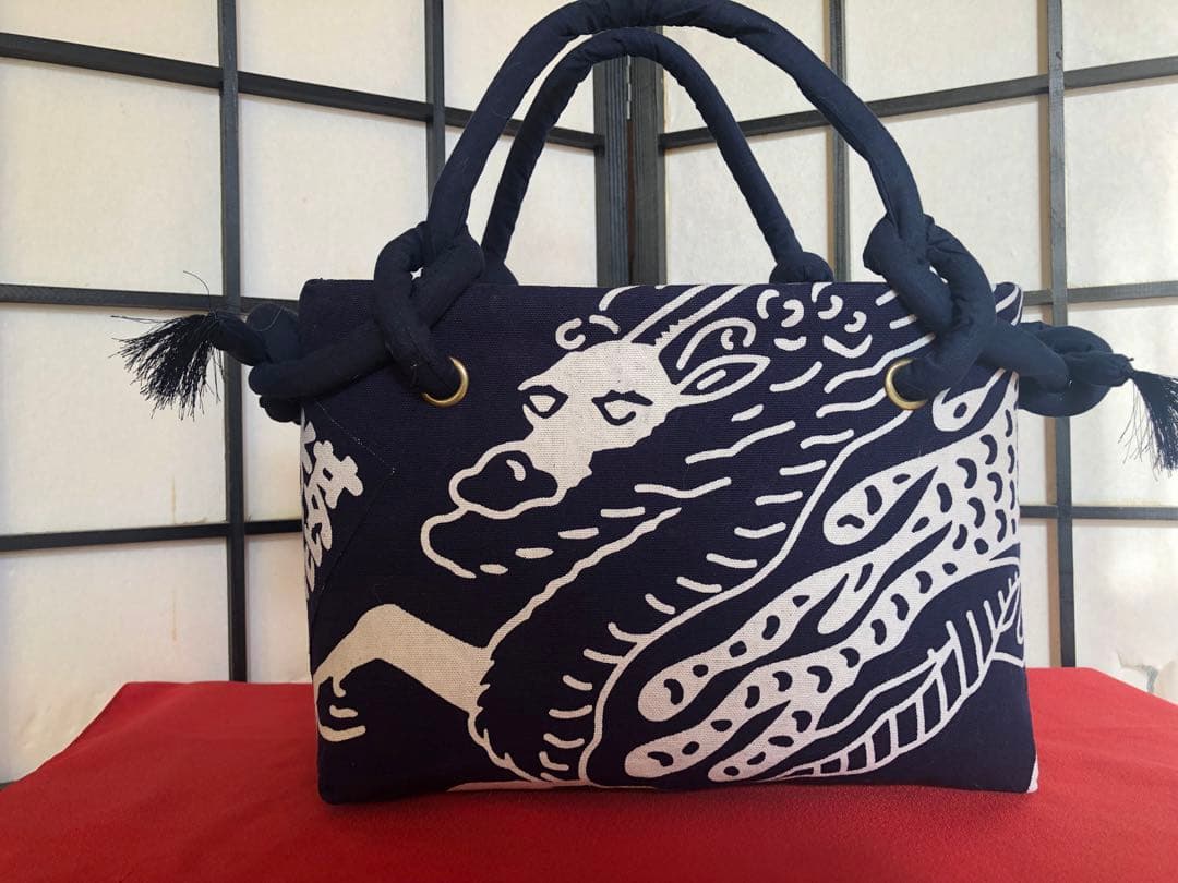 一閑張り　一閑張りバック　藍染 　麒麟麦酒　型染隠れ蓑