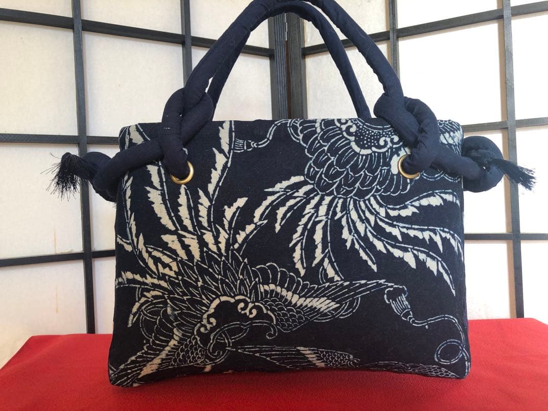 一閑張り　一閑張りバック　藍染 　麒麟麦酒　型染隠れ蓑