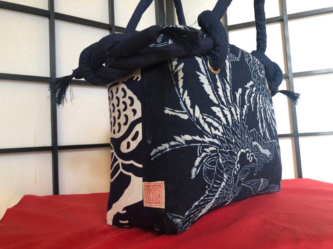 一閑張り　一閑張りバック　藍染 　麒麟麦酒　型染隠れ蓑