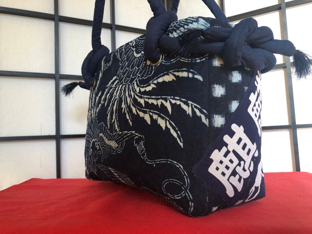 一閑張り　一閑張りバック　藍染 　麒麟麦酒　型染隠れ蓑