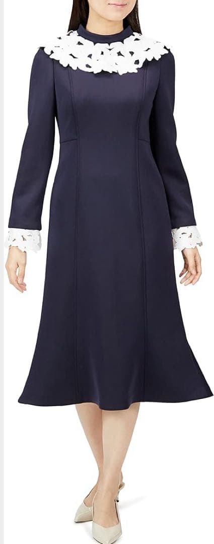 セルフォード CELFORDネイビー フラワーレース襟 長袖ワンピース 卒入学