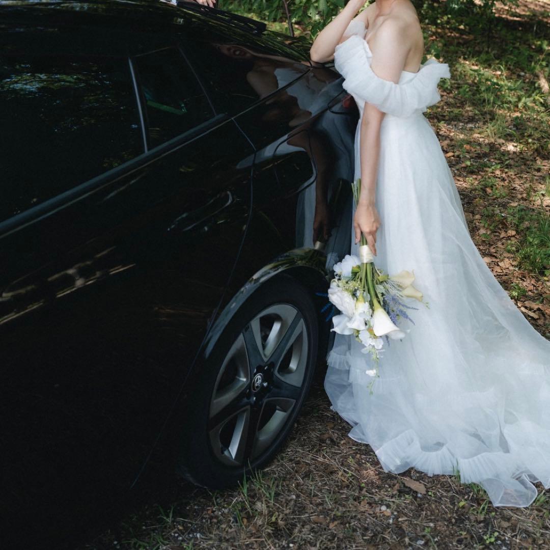 ドレスプロダクション　オフショルダー オーガンジー フリルドレス