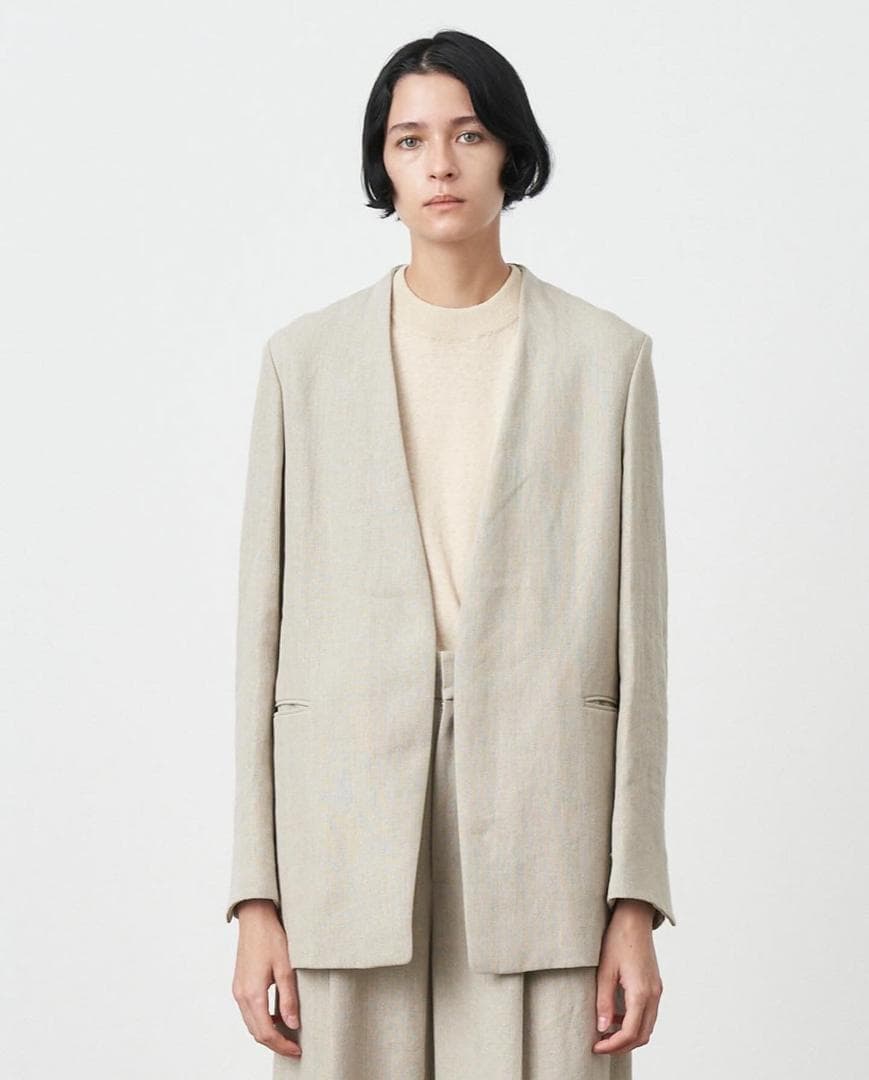 美品 ATON 23SS LINEN OXFORD ノーカラージャケット 02