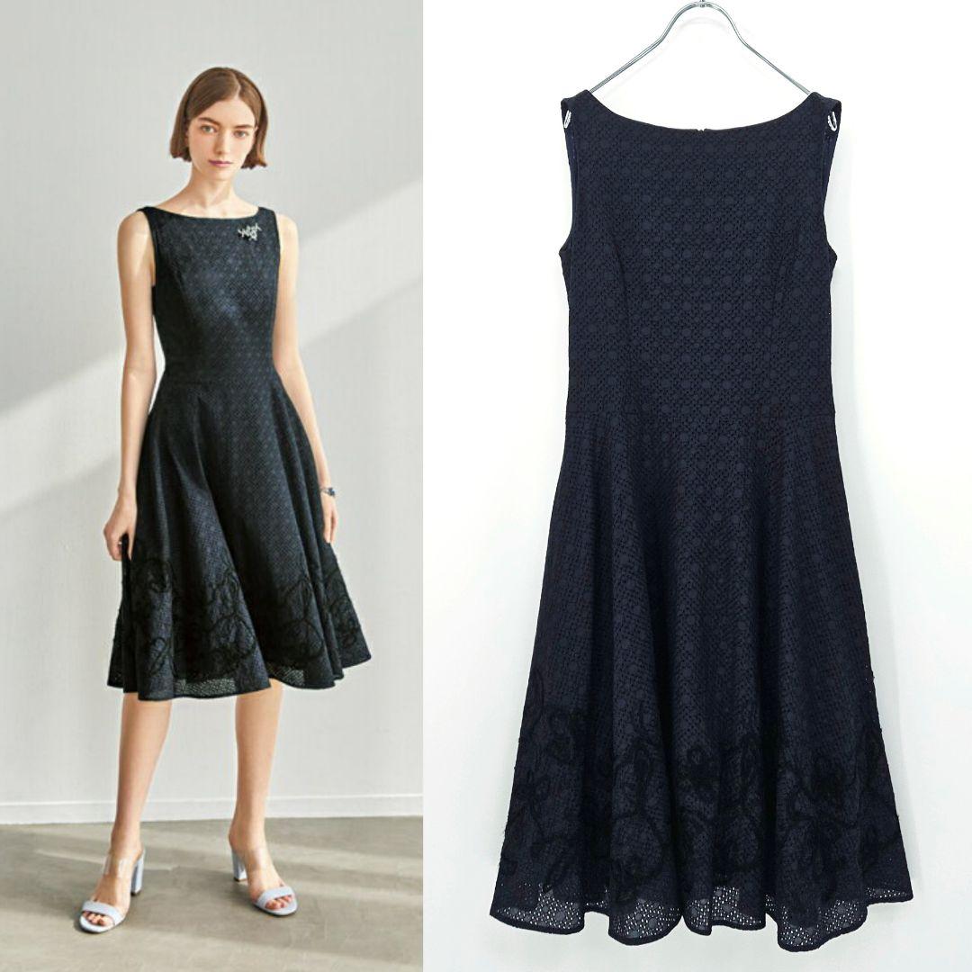 【新品未使用】フォクシー　カトレア　ワンピース　刺繍　近年　刺繍　ネイビー 38