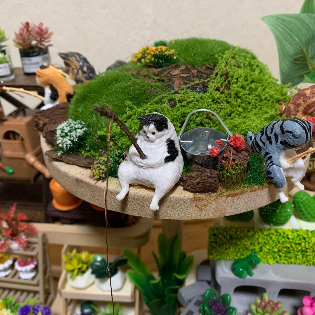 ミニチュア猫島アイランドフェイクガーデン、ハンドメイド、1点物、多肉植物サボテン