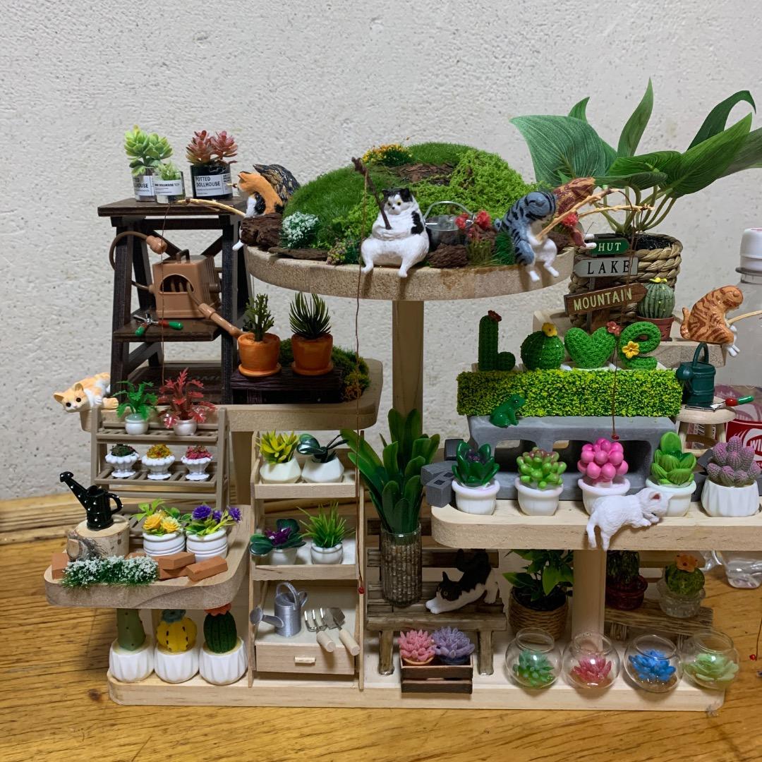 ミニチュア猫島アイランドフェイクガーデン、ハンドメイド、1点物、多肉植物サボテン