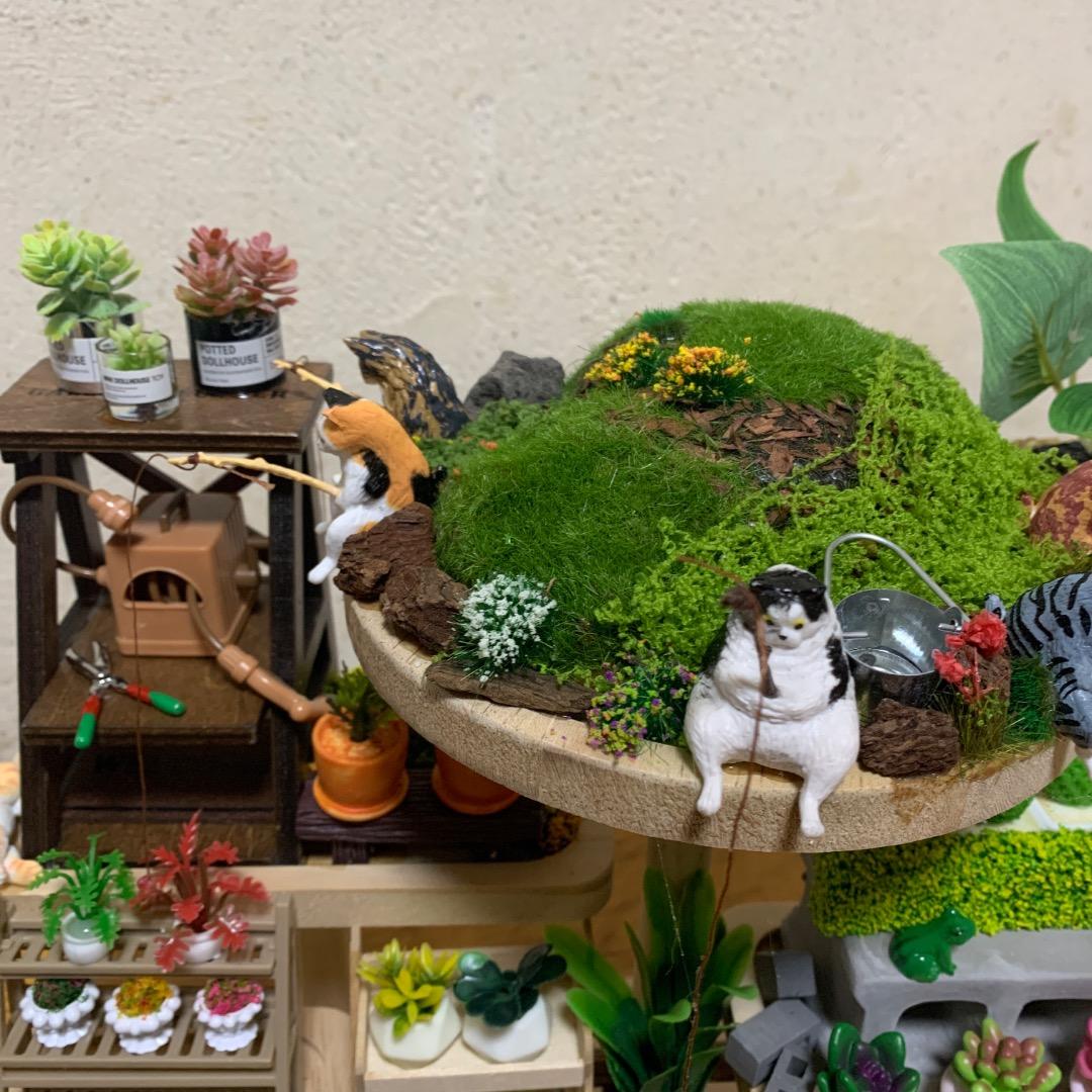 ミニチュア猫島アイランドフェイクガーデン、ハンドメイド、1点物、多肉植物サボテン