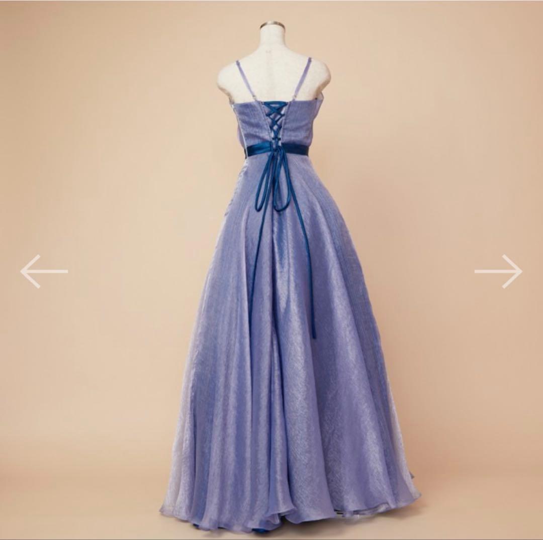 【匿名】ANNABELLE ブルーワッシャーオーガンジー胸元フリルフレアドレス