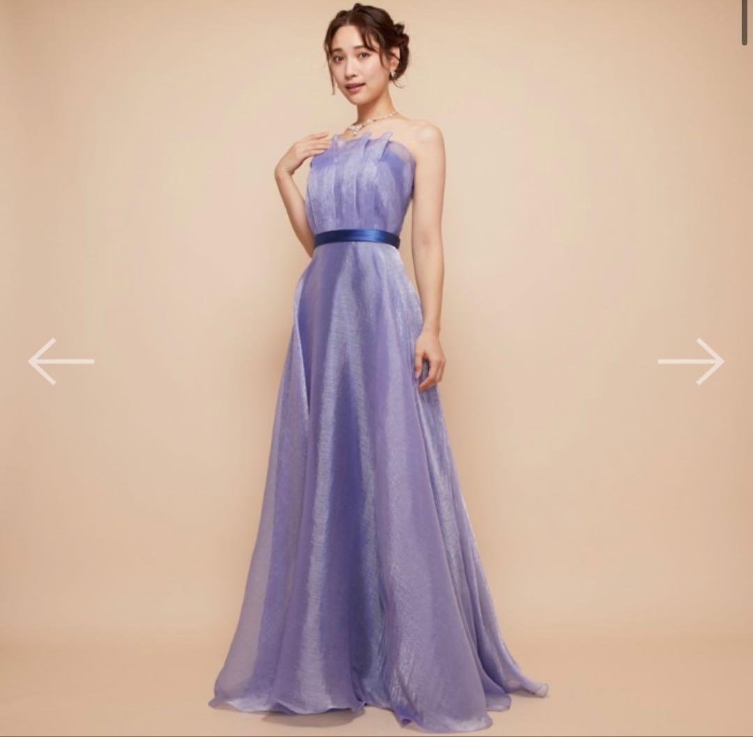 【匿名】ANNABELLE ブルーワッシャーオーガンジー胸元フリルフレアドレス