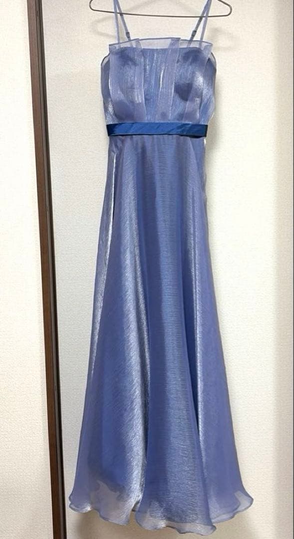 【匿名】ANNABELLE ブルーワッシャーオーガンジー胸元フリルフレアドレス