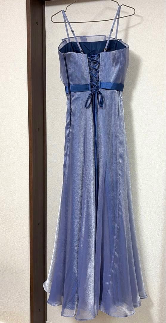 【匿名】ANNABELLE ブルーワッシャーオーガンジー胸元フリルフレアドレス