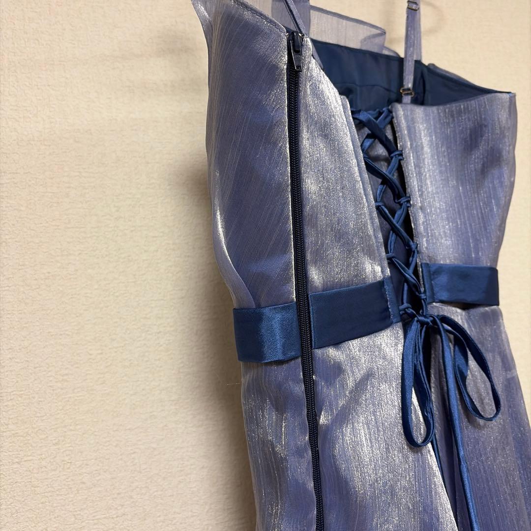 【匿名】ANNABELLE ブルーワッシャーオーガンジー胸元フリルフレアドレス