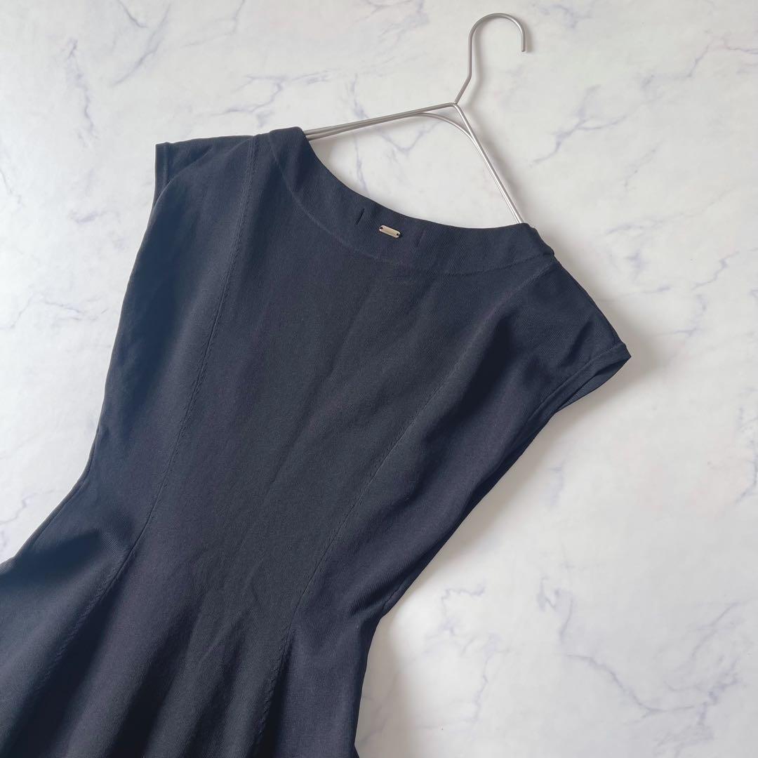 【美品】JENNE フレンチスリーブ ニット フレア ロングワンピース 黒 M