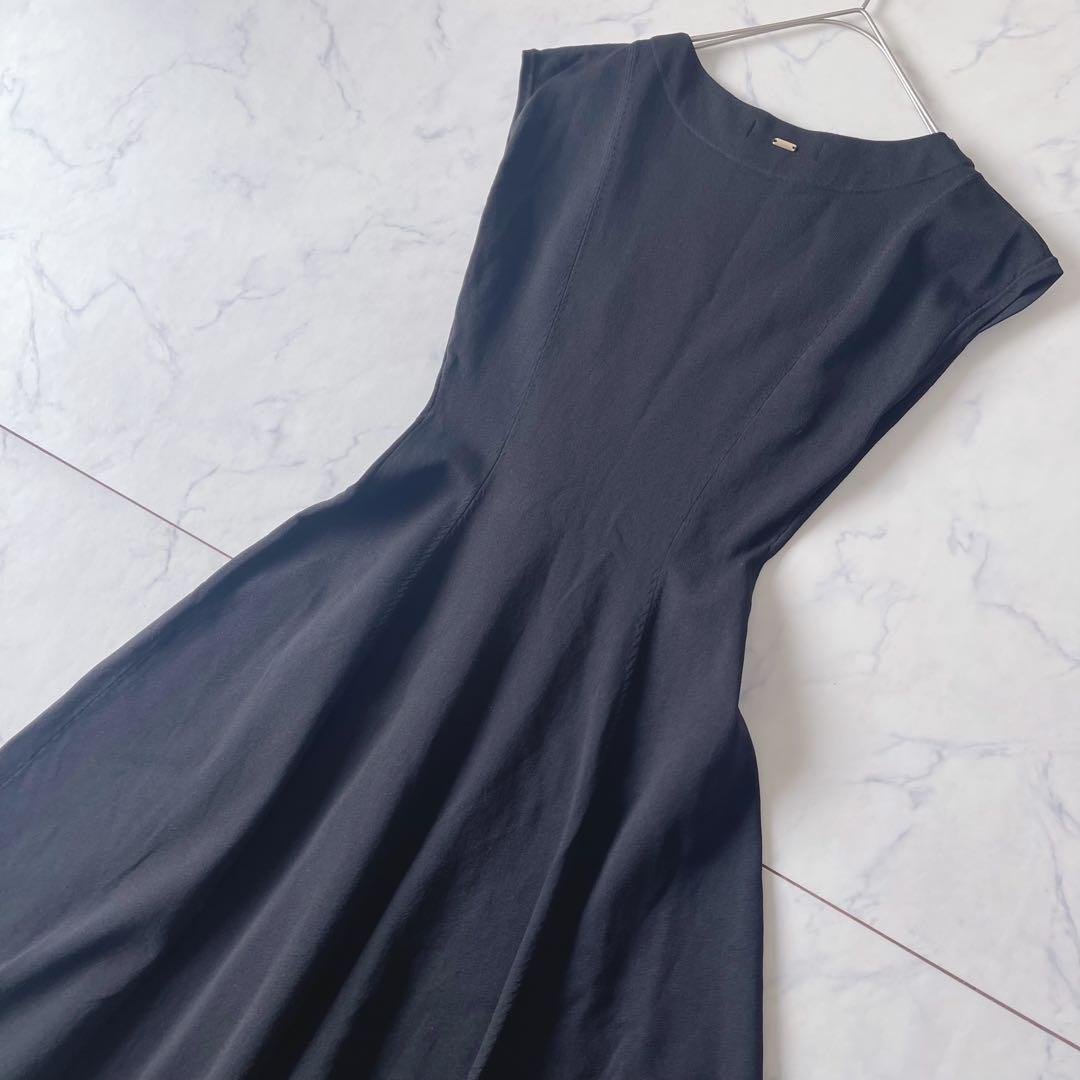 【美品】JENNE フレンチスリーブ ニット フレア ロングワンピース 黒 M