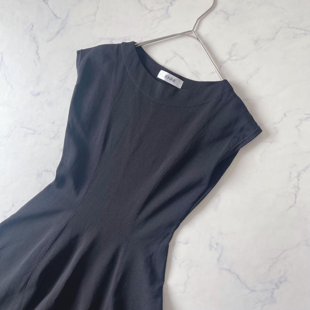 【美品】JENNE フレンチスリーブ ニット フレア ロングワンピース 黒 M
