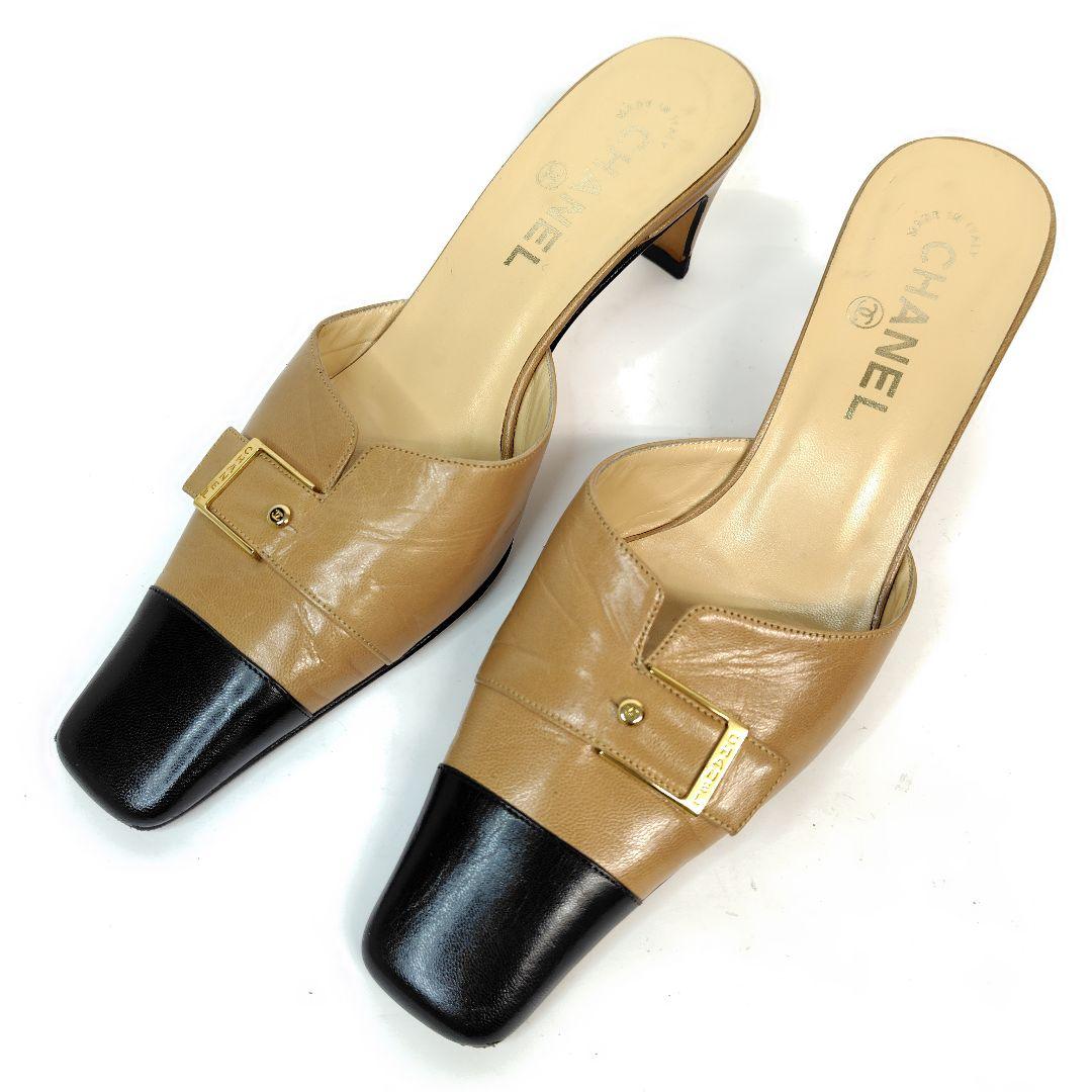 ★使用感少なめ★シャネル ミュール 38 サンダル スクエア バイカラー