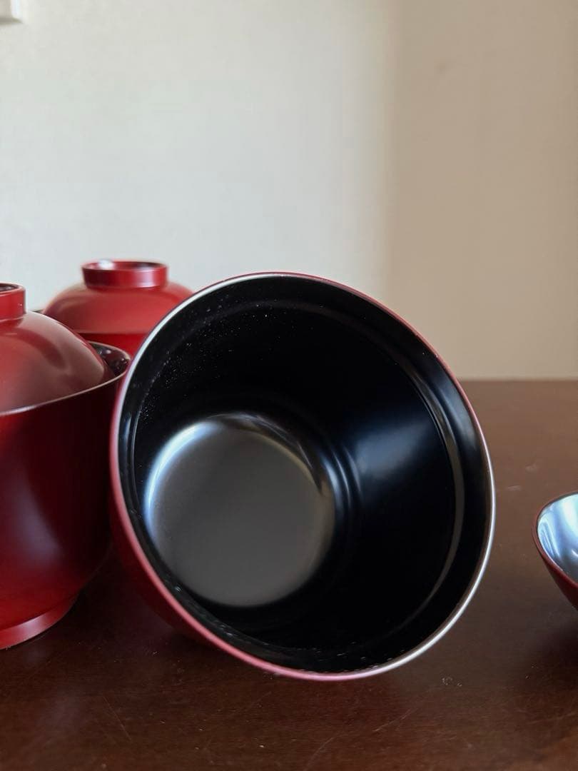 山中塗 塗師 多田桂寛 造 小吸物椀 朱内黒 蓋付き 共箱 未使用品