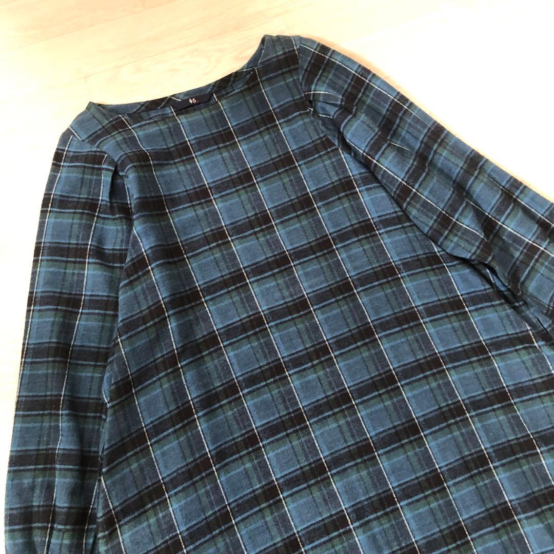 45R インドネル　チェック柄ワンピース Rロゴ刺繍入り　ふっくら袖