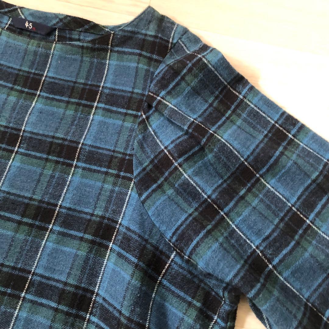 45R インドネル　チェック柄ワンピース Rロゴ刺繍入り　ふっくら袖