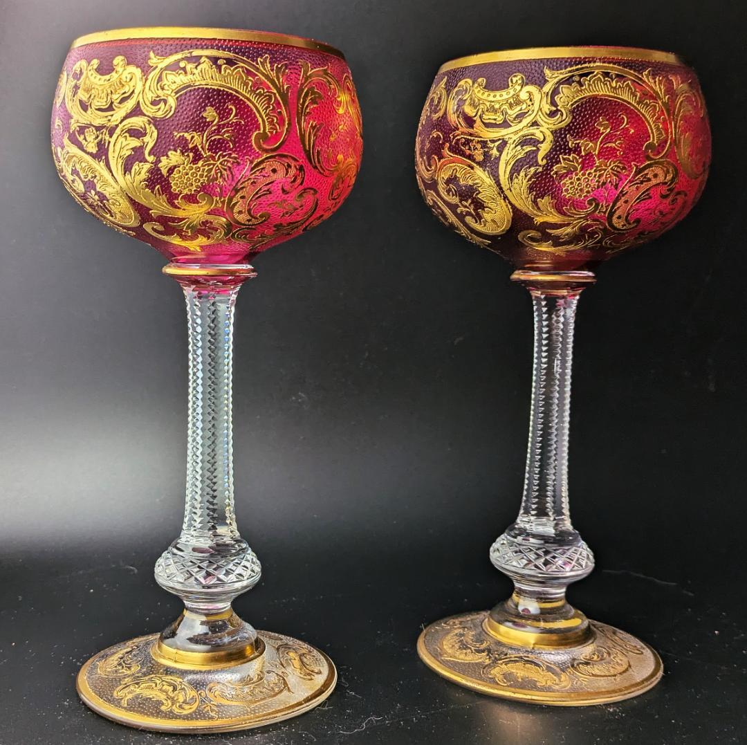 ゴージャスペア★ルビーレッド 17㎝ 金彩 多面カットステム グラス フランス