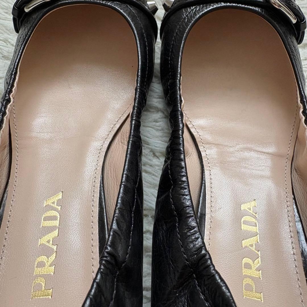 極美品 PRADA バレエ シューズ 黒 38 スタッズ ベルト フラット 靴