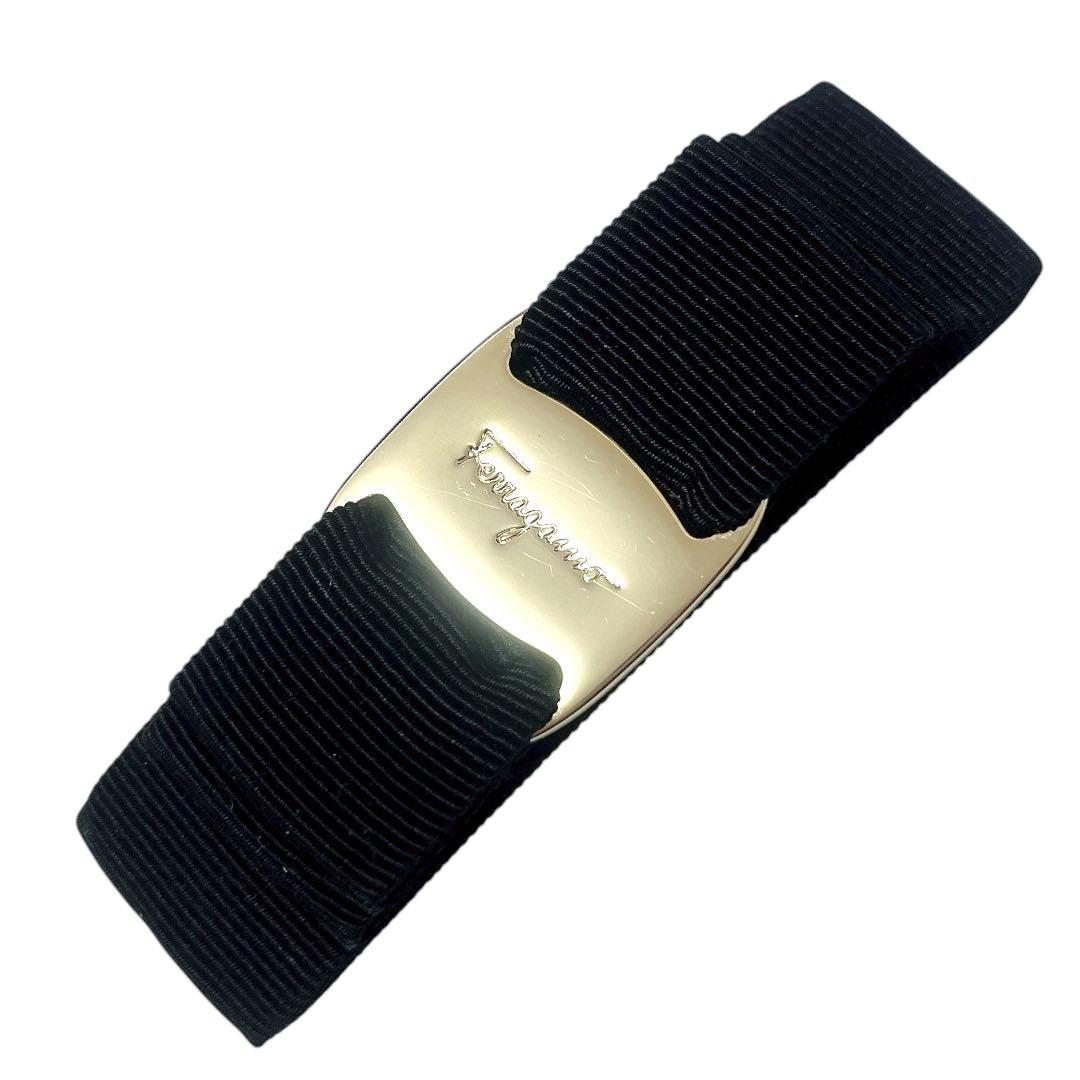 【極美品】フェラガモ バレッタ ヴァラリボン ブラック グログラン ゴールド金具
