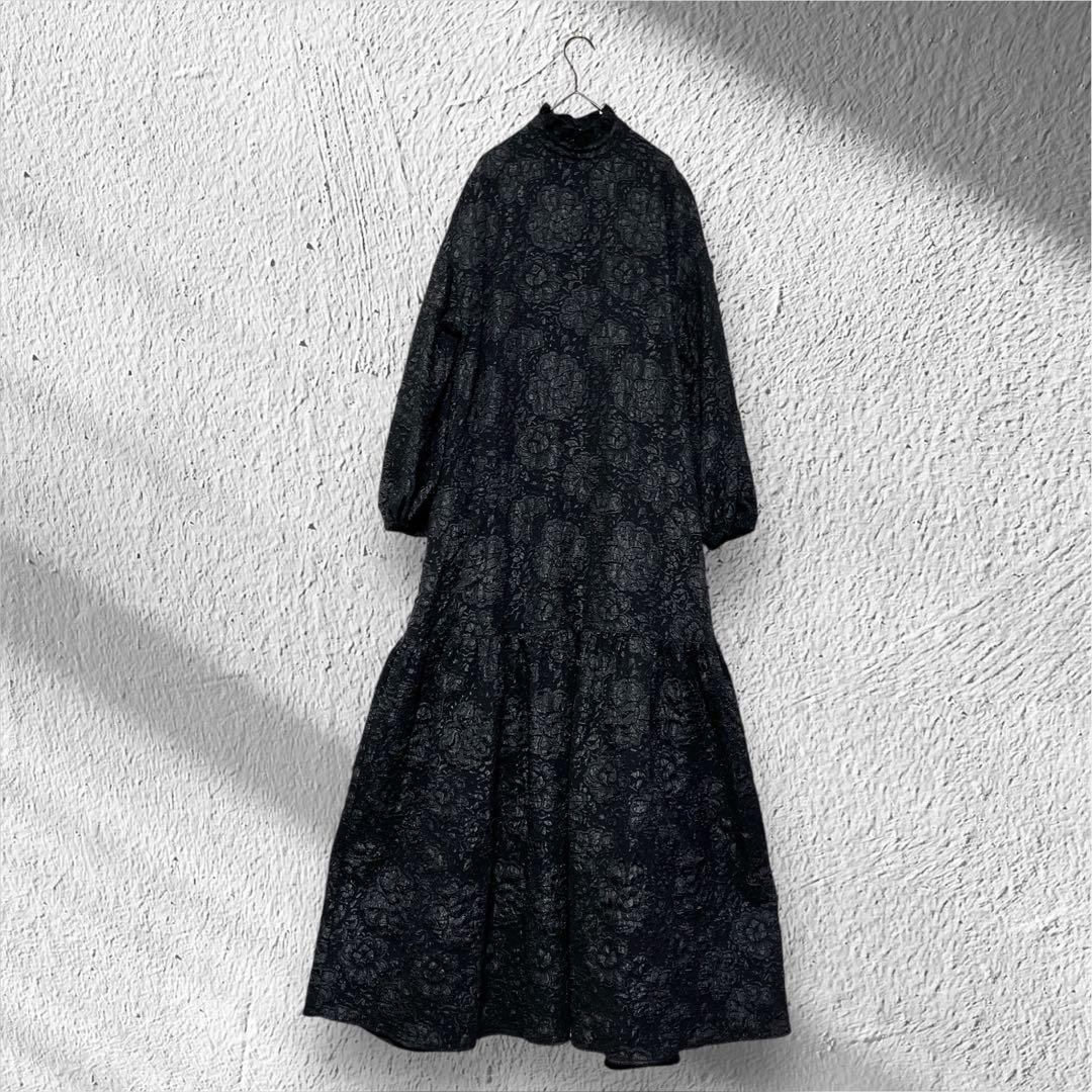 ペルナ PERNA ジャガード花柄 ロングワンピース 縦L/横XS 黒