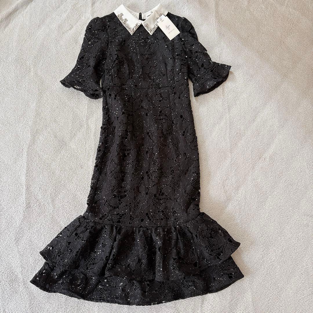 新品✨LEJA ビジューカラー 花柄フリル マーメイドドレス S 黒 結婚式