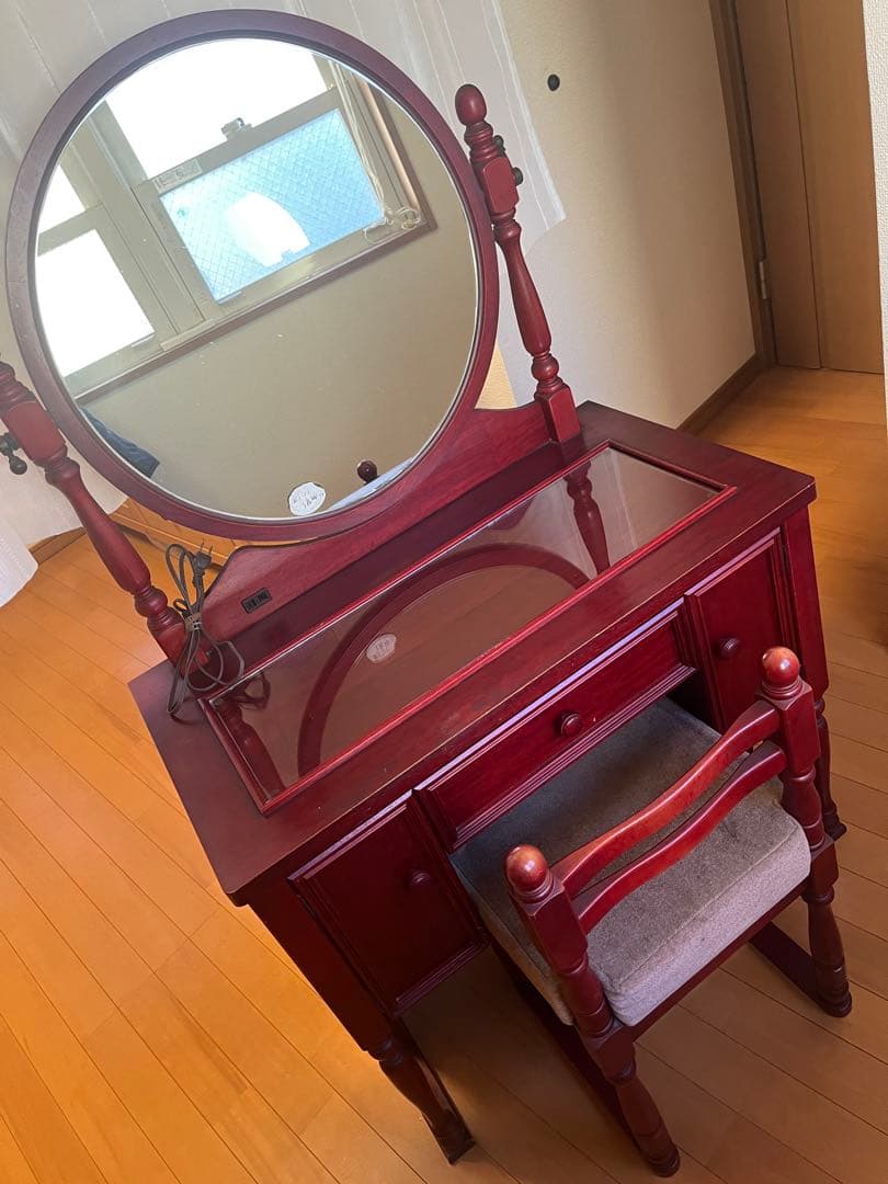 ヴィンテージ　ダークレッド 木製ドレッサー　鏡台　大塚家具　椅子なし