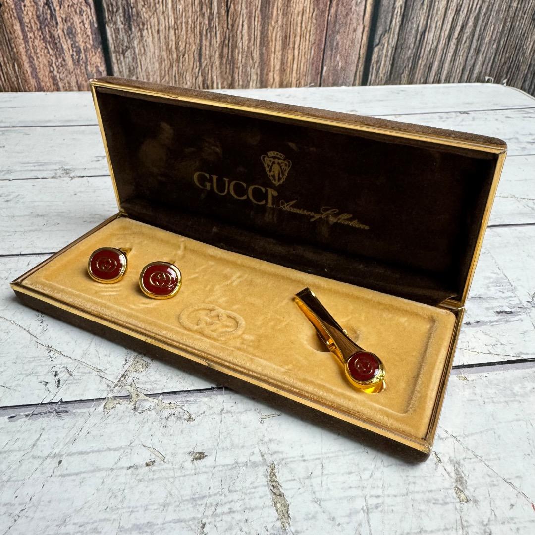 GUCCI グッチ ゴールド ネクタイピン カフス セット ケース付