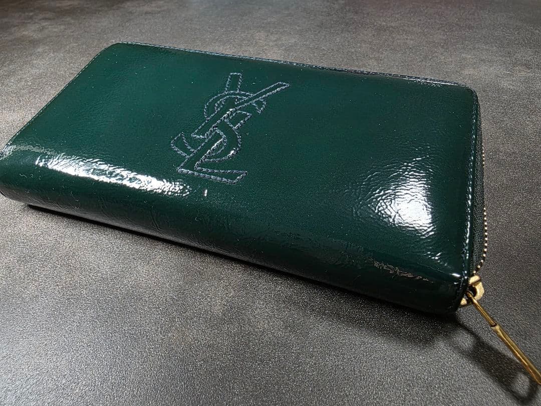 【美品】YSL ダークグリーン　パテント　 ラウンドファスナー長財布