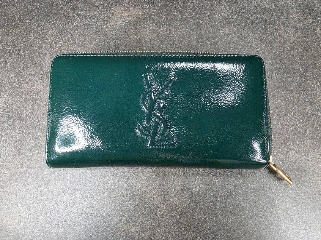 【美品】YSL ダークグリーン　パテント　 ラウンドファスナー長財布