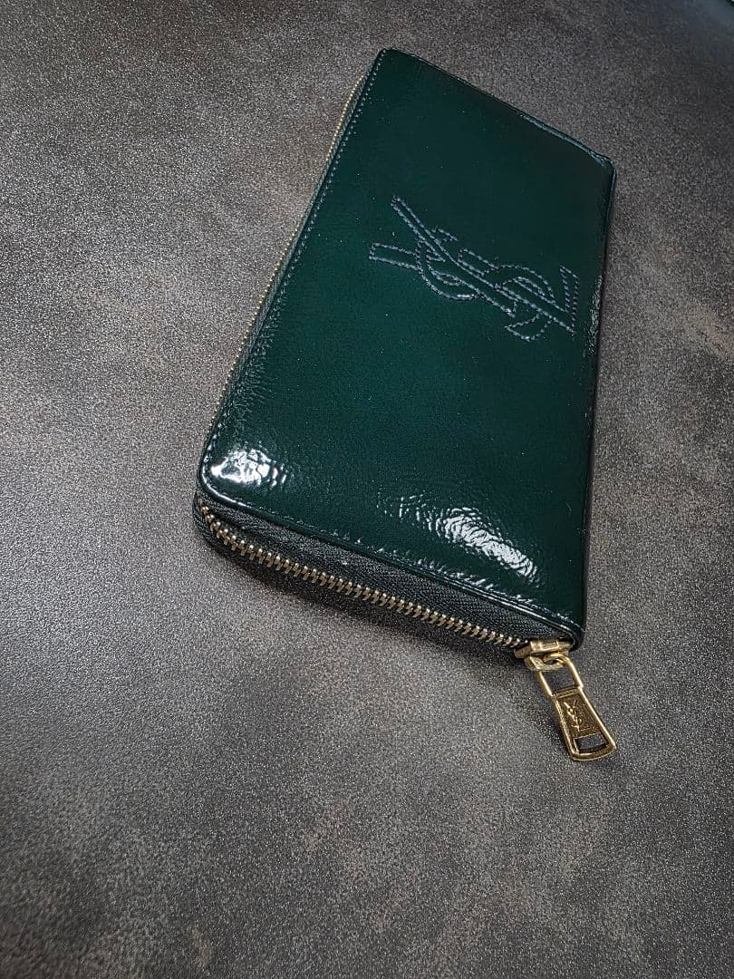 【美品】YSL ダークグリーン　パテント　 ラウンドファスナー長財布