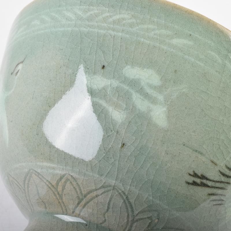 豆　一玉作　高麗青磁　象嵌雲鶴文　茶碗　共箱　C　7143