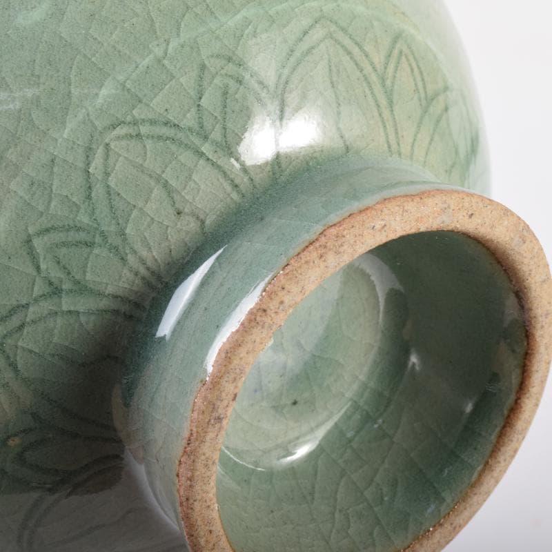 豆　一玉作　高麗青磁　象嵌雲鶴文　茶碗　共箱　C　7143