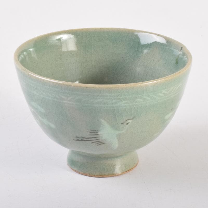 豆　一玉作　高麗青磁　象嵌雲鶴文　茶碗　共箱　C　7143