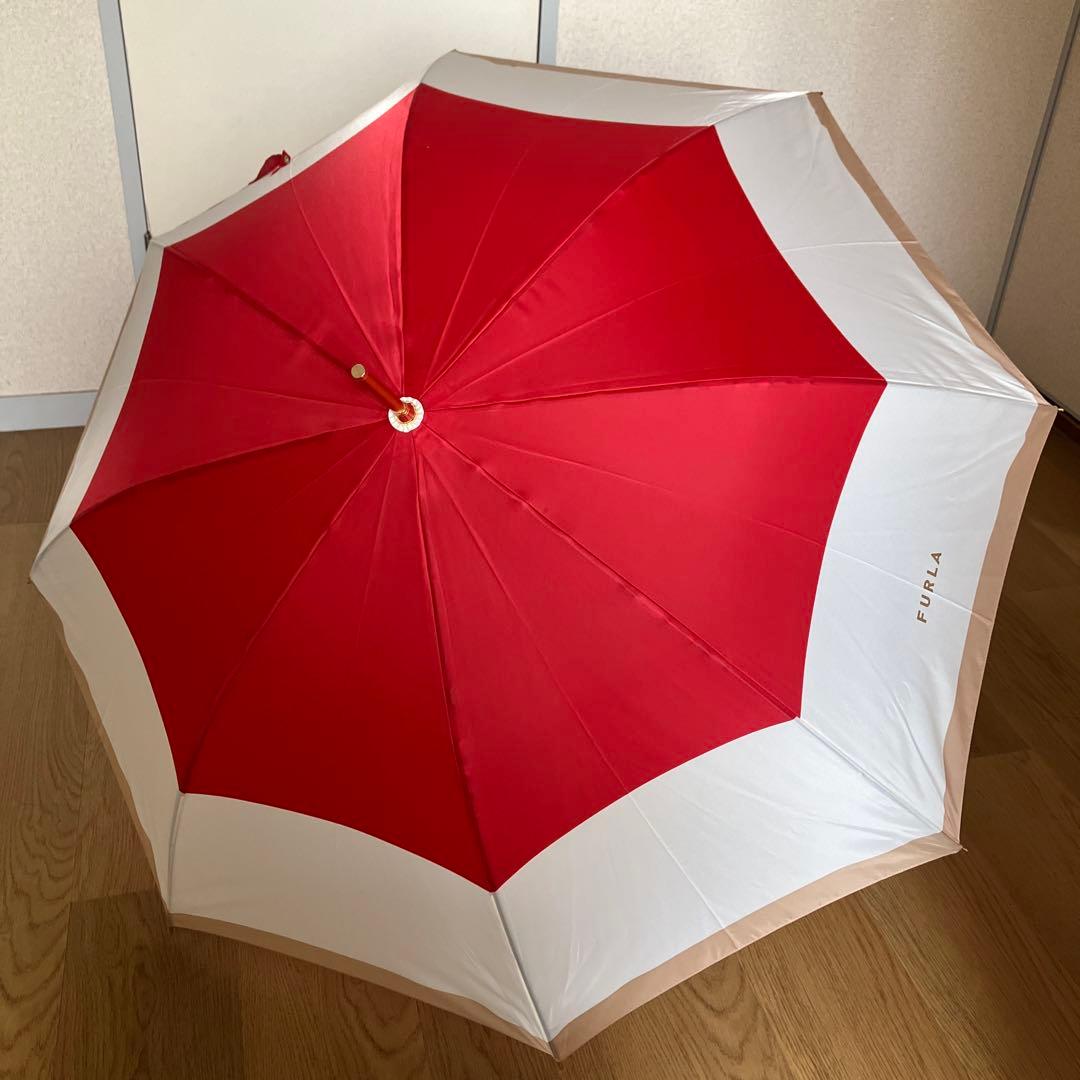 【未使用品】フルラ ボーダー 晴雨兼用 長傘 日傘 ジャンプ式 レッド