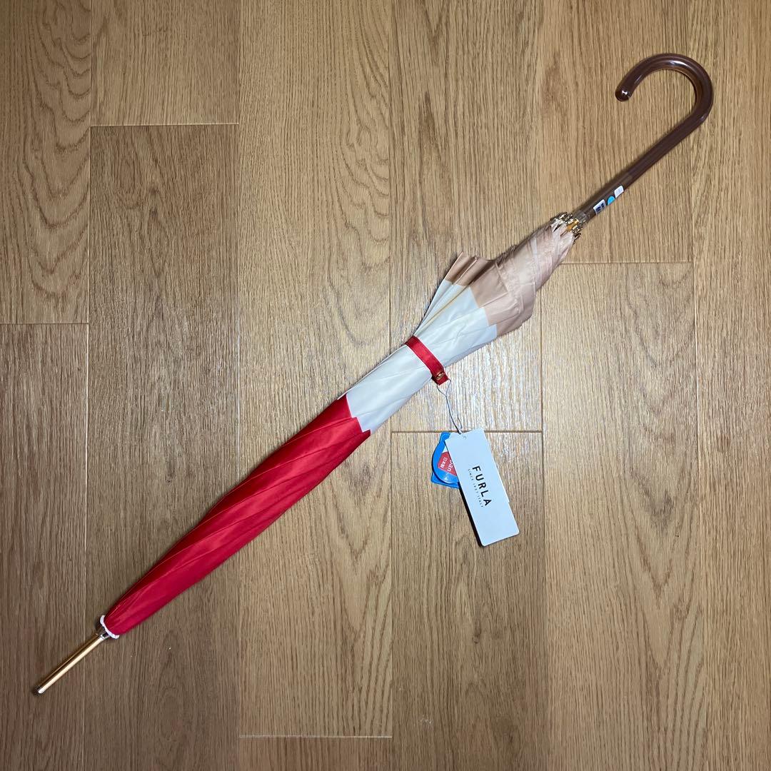 【未使用品】フルラ ボーダー 晴雨兼用 長傘 日傘 ジャンプ式 レッド