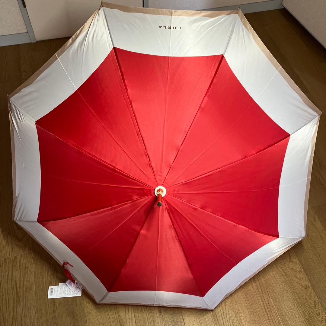 【未使用品】フルラ ボーダー 晴雨兼用 長傘 日傘 ジャンプ式 レッド