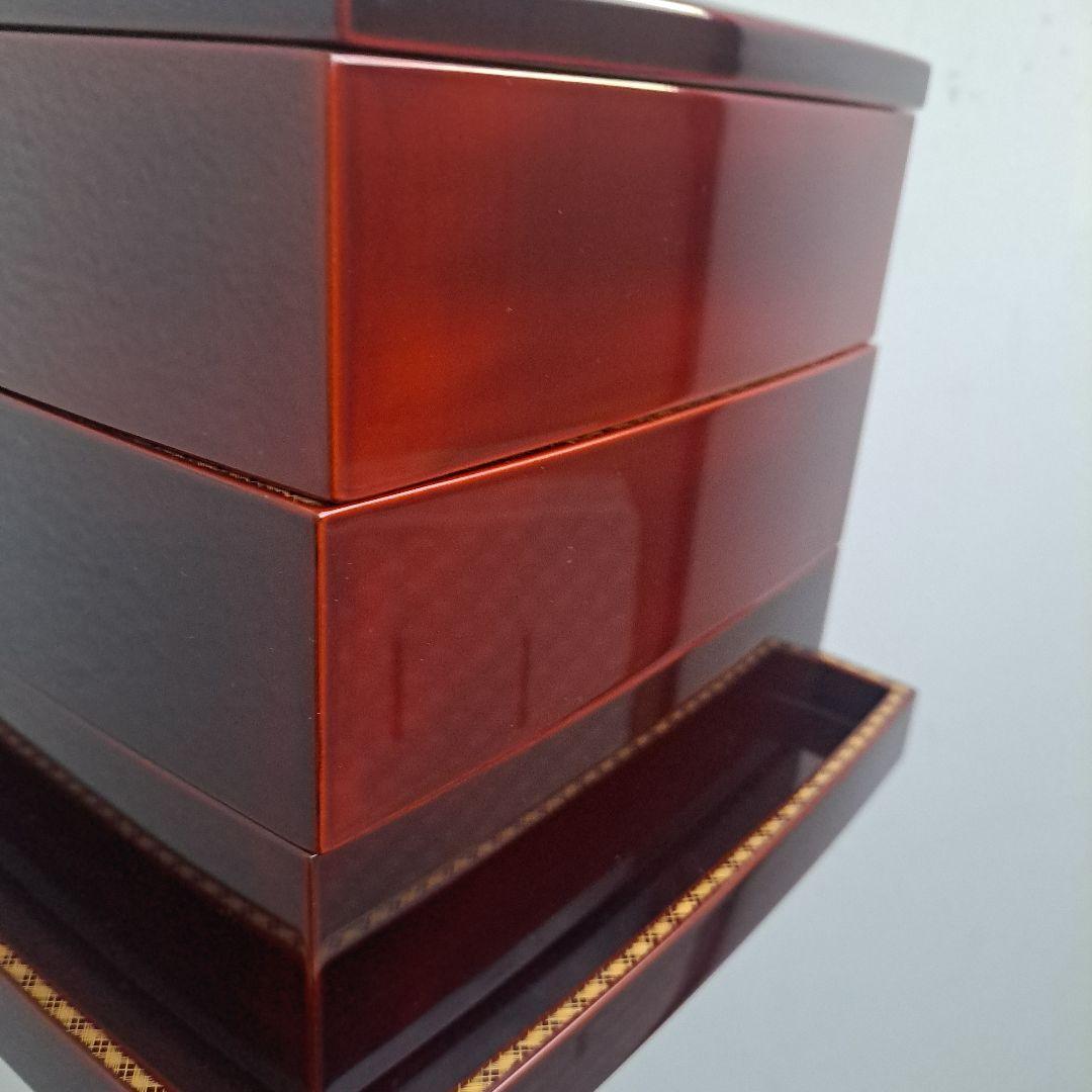 【輪島塗　6.5寸\"3段重箱&重台】布着本堅地　溜塗　沈金網代　胴張り　長期保管