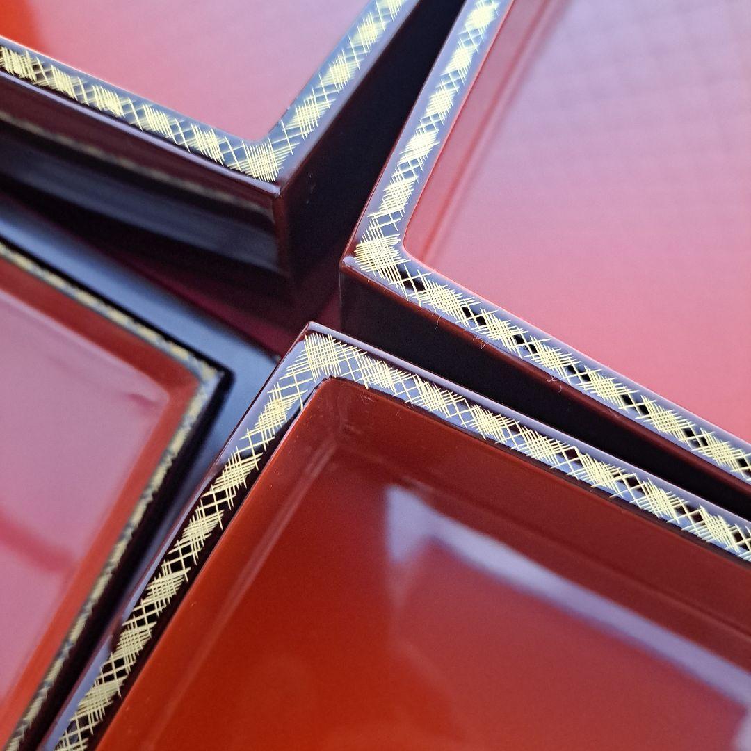 【輪島塗　6.5寸\"3段重箱&重台】布着本堅地　溜塗　沈金網代　胴張り　長期保管