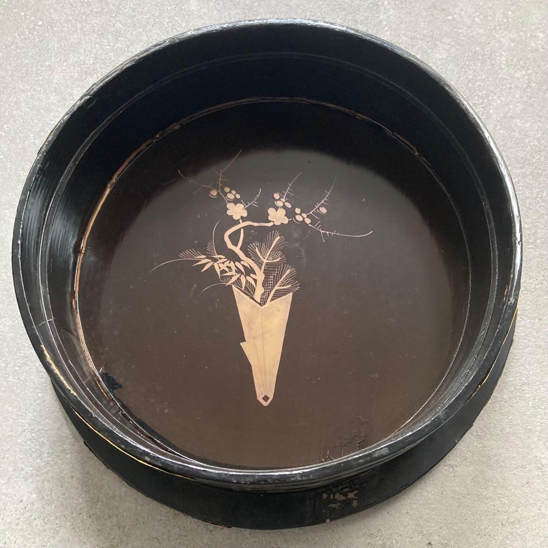 骨董アンティーク 漆塗りの行器 ほかい 金細工 日本美術 工芸品 吉祥文様 和柄