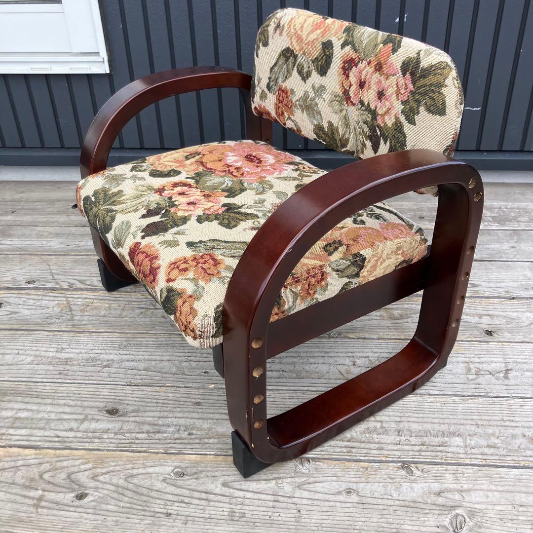 昭和レトロ 花柄ゴブラン織り 木製座椅子 アームチェア ウッドチェア クラシック