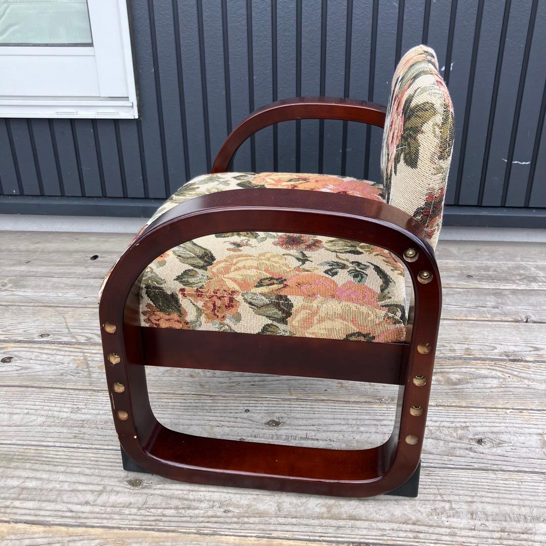 昭和レトロ 花柄ゴブラン織り 木製座椅子 アームチェア ウッドチェア クラシック