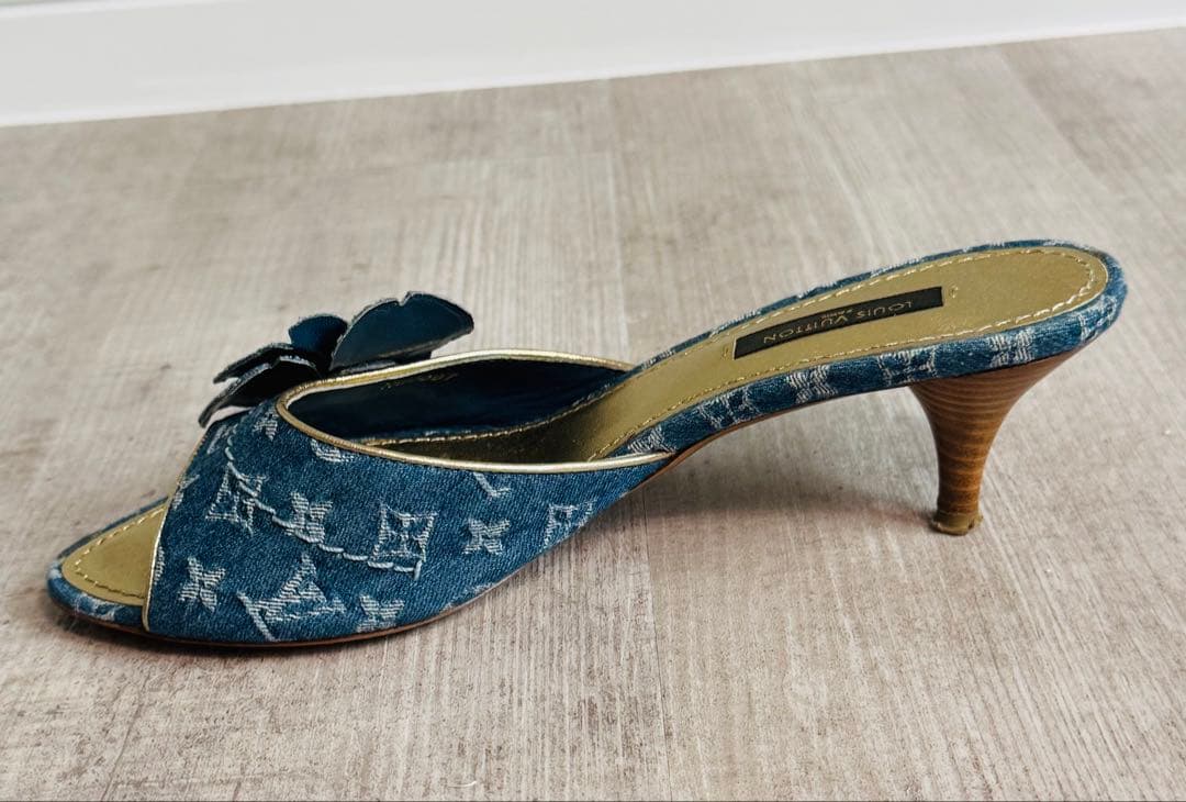 ■LOUIS VUITTON■替えヒール付き■デニム地モノグラムミュール■お花■